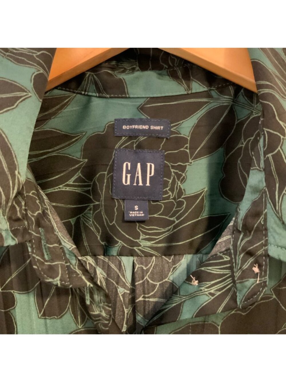 Gap Green Black Floral Satin Pleated Long Sleeve Oversized Boyfriend Shirt Small - Picture 4 of 11